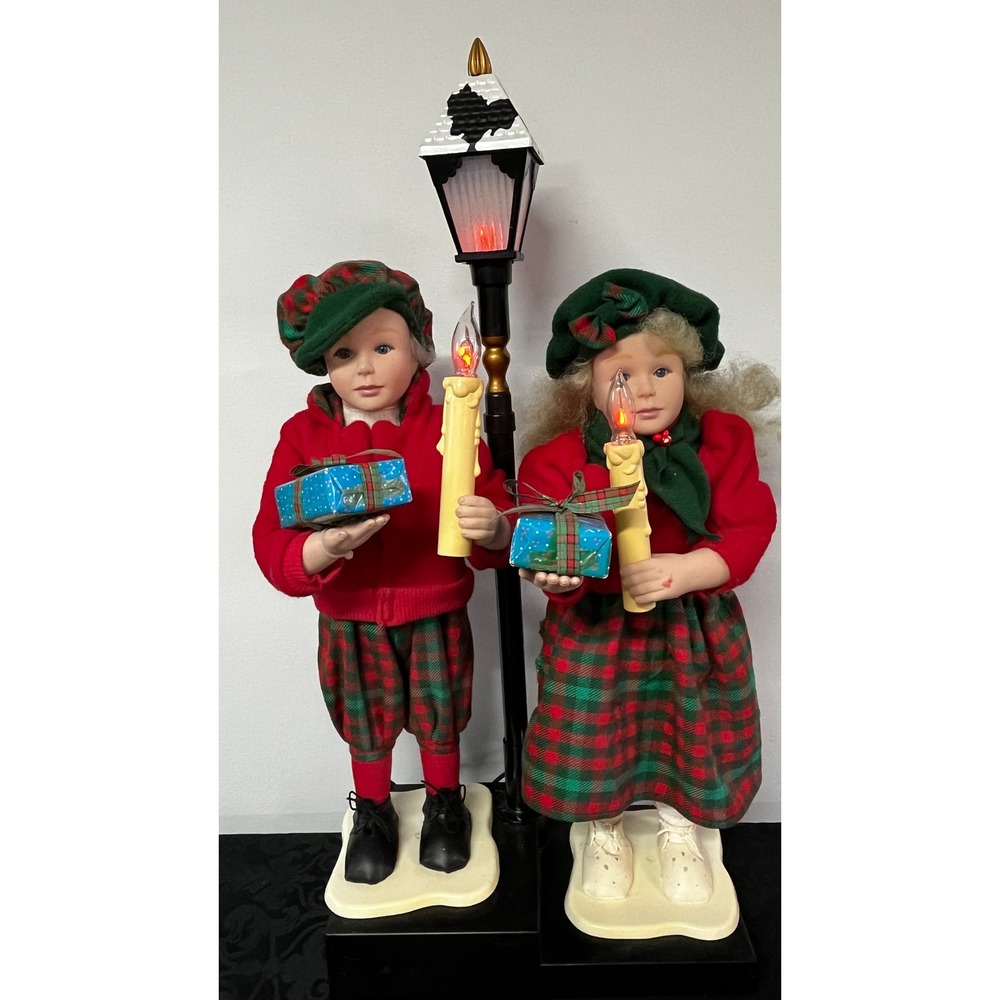Animated Christmas Carolers Boy Girl Lighted Lamp Display Figures 1994 36" As Is